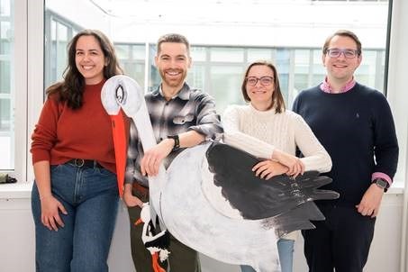 Das Team um die MiLeMed (v. l.):Nina Michlmayr, Medizinstudentin im 6. Klinischen Semester an der Uni Bonn; James Mitofsky, Software-Entwickler; Prof. Brigitte Strizek, Direktorin der Abteilung für Geburtshilfe und Pränatale Medizin am UKB; PD Florian Recker, Facharzt an der Klinik für Geburtshilfe und Pränatale Medizin am UKB