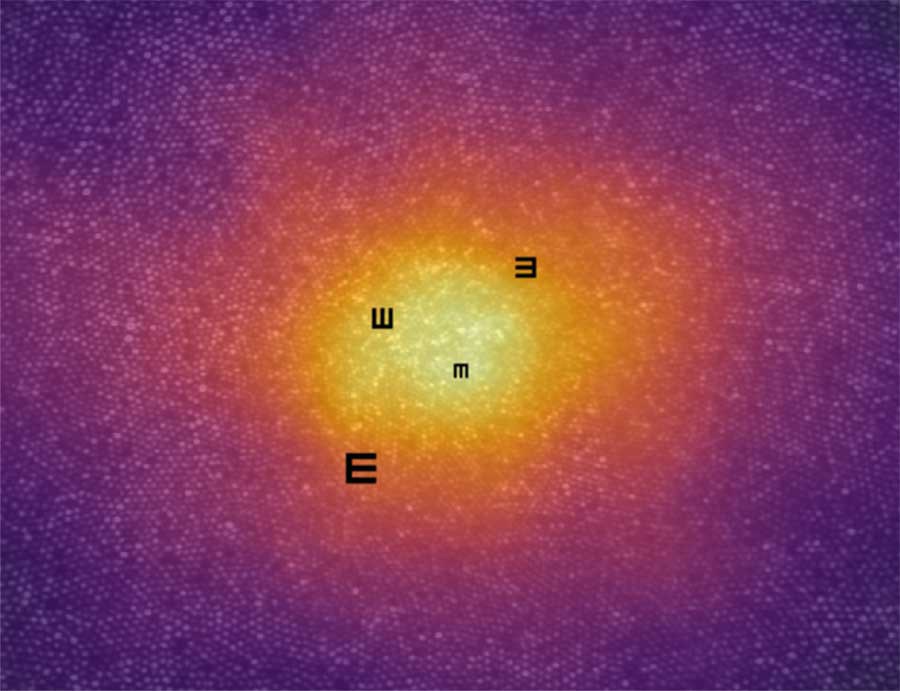 The densely packed mosaic - of cone photoreceptor cells in the foveal center of a human eye, overlaid with letters used to test visual acuity. Color indicates cell density.